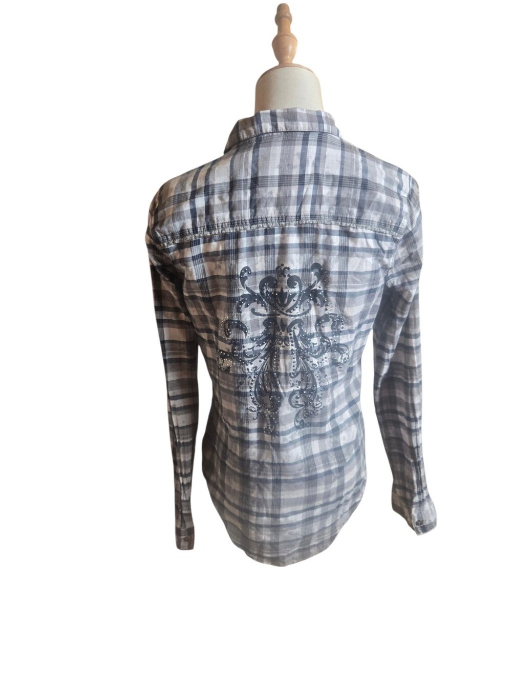 Maurices Premium Y2K Gray Plaid Embellished Button-Down Shirt